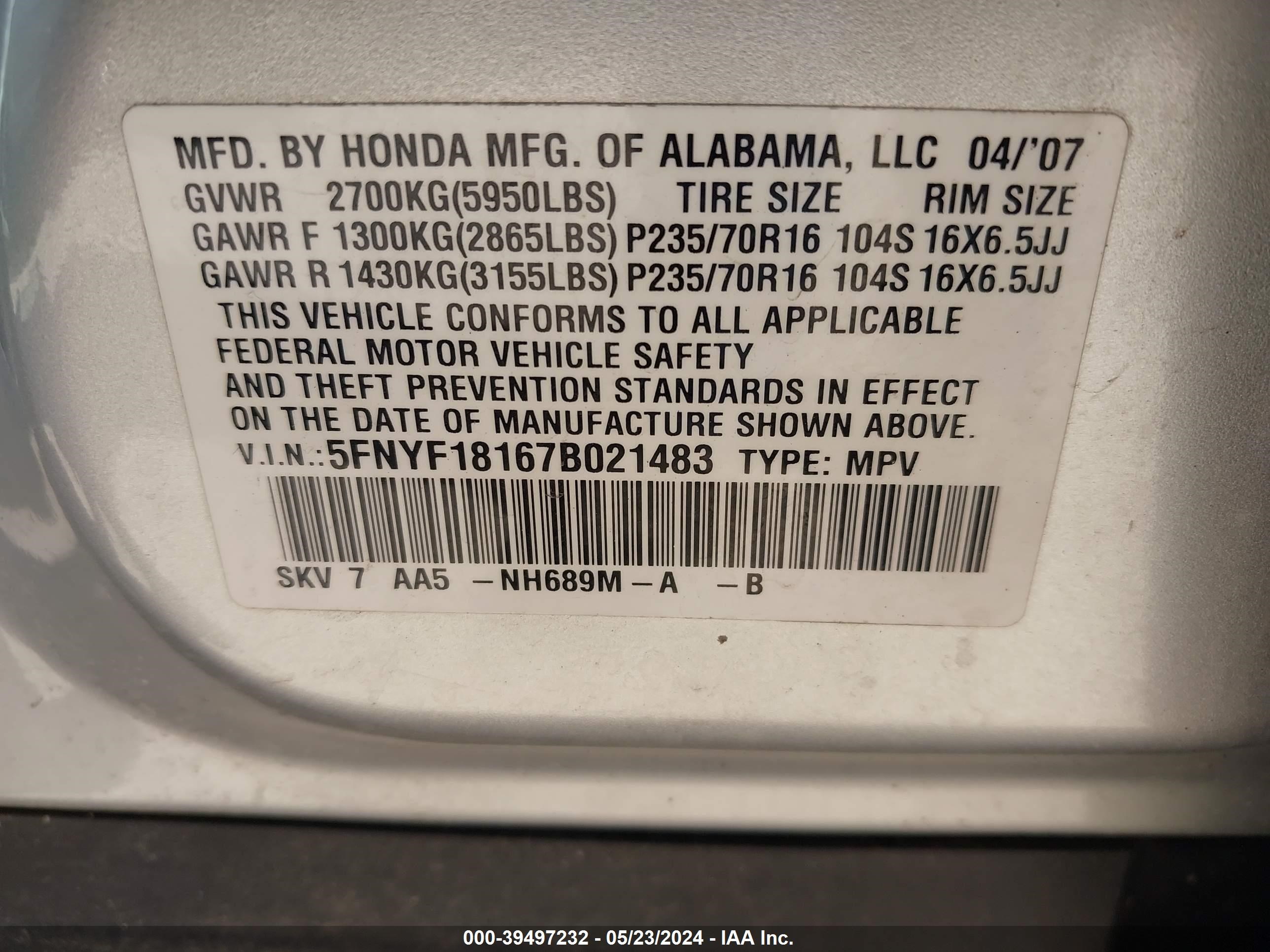 Photo 8 VIN: 5FNYF18167B021483 - HONDA PILOT 