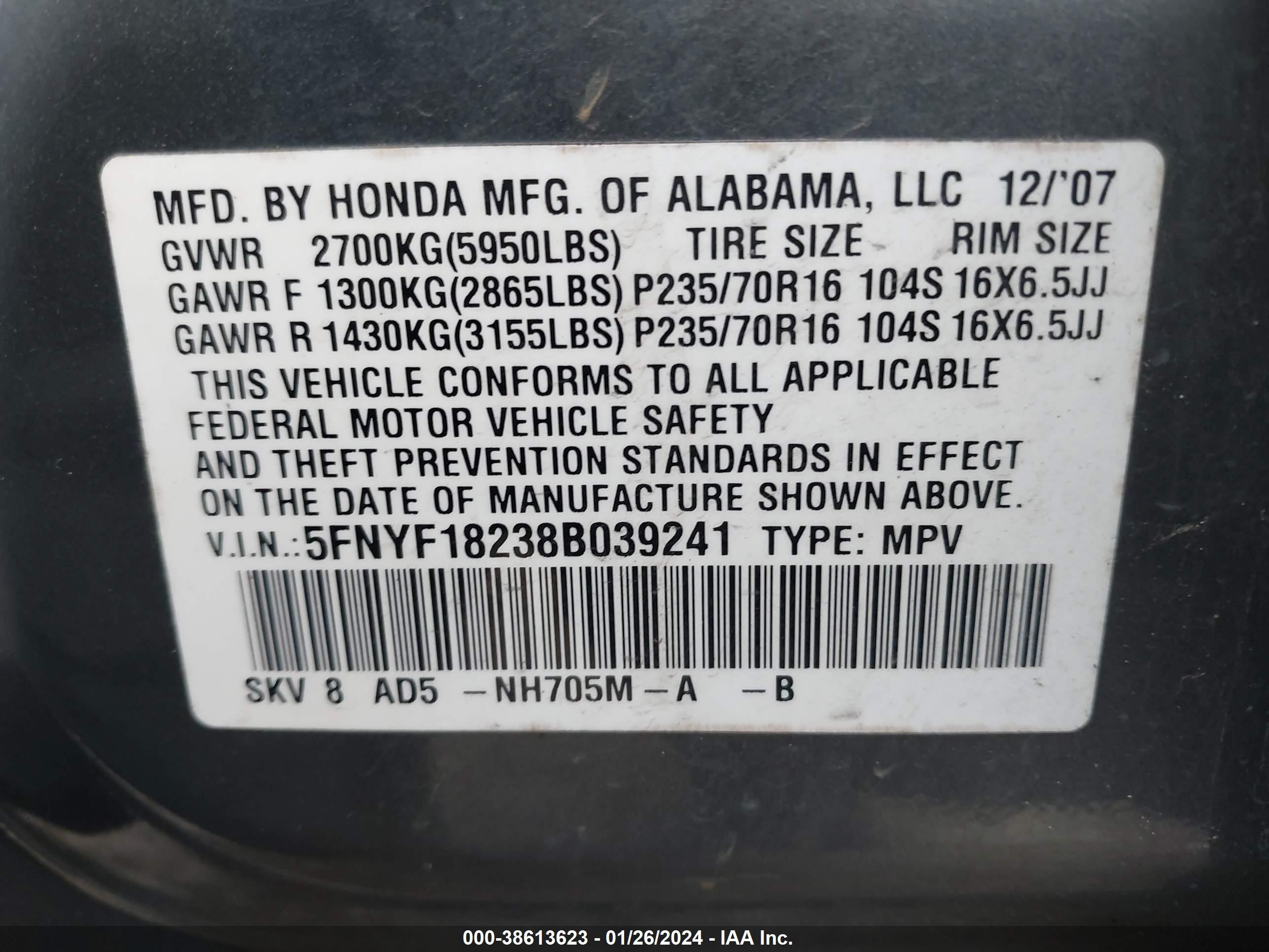 Photo 8 VIN: 5FNYF18238B039241 - HONDA PILOT 