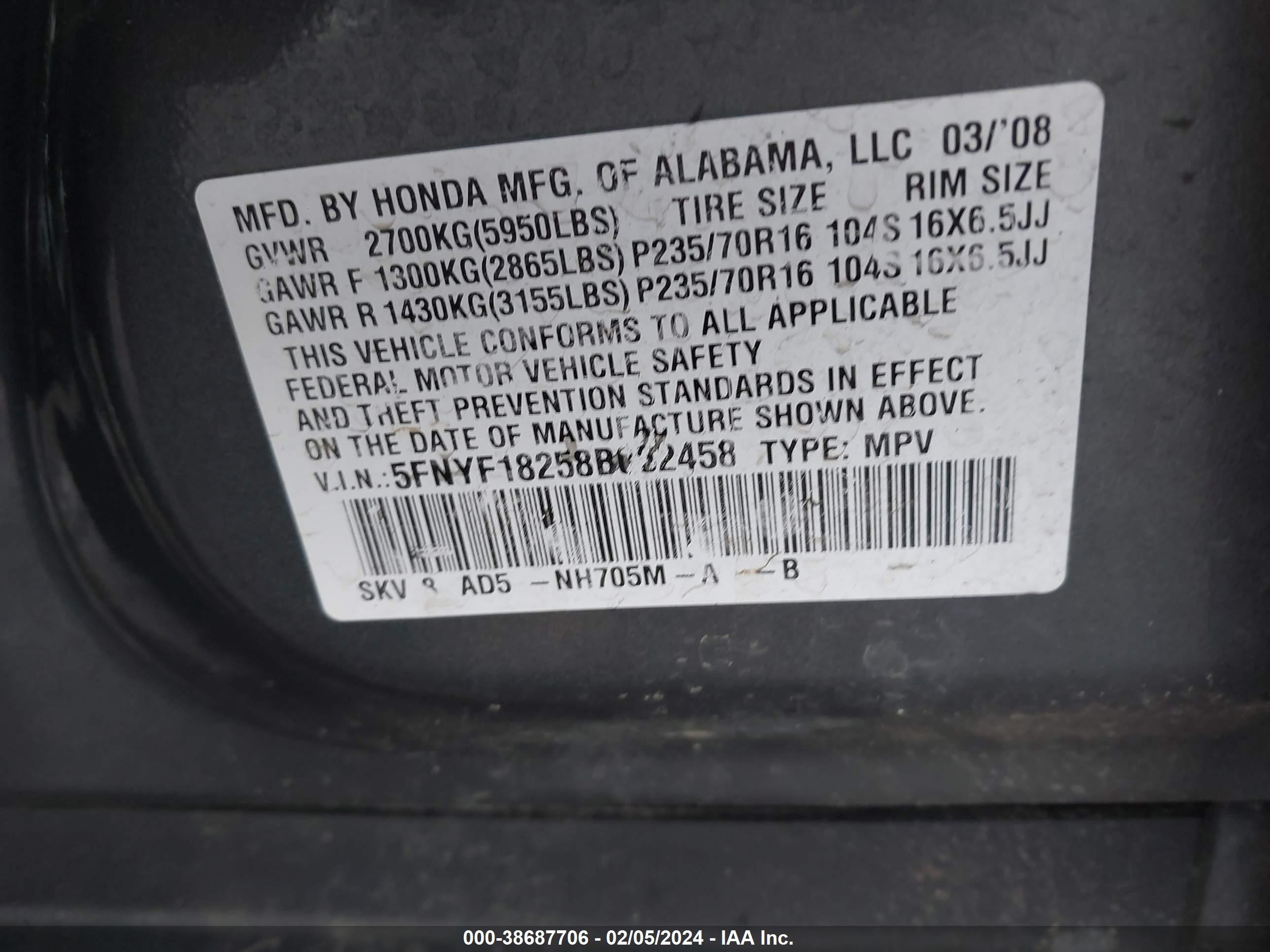 Photo 8 VIN: 5FNYF18258B122458 - HONDA PILOT 