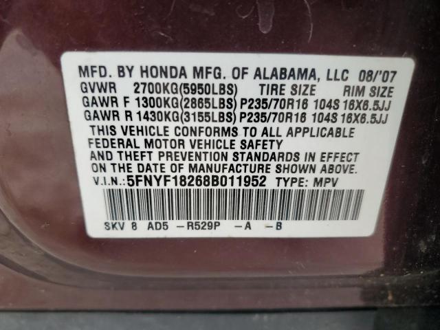 Photo 12 VIN: 5FNYF18268B011952 - HONDA PILOT VP 