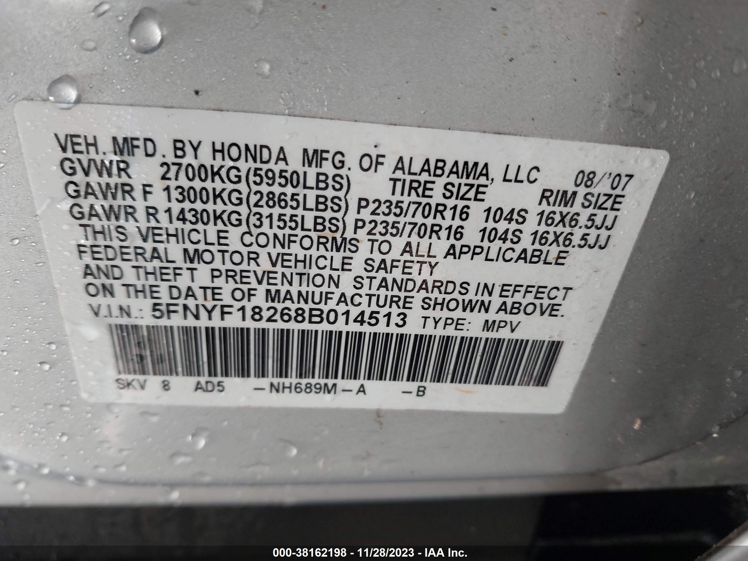 Photo 8 VIN: 5FNYF18268B014513 - HONDA PILOT 