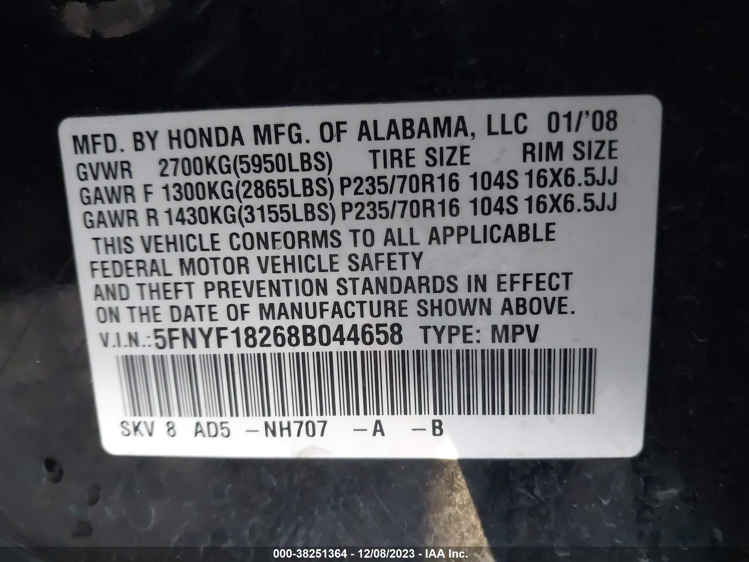 Photo 8 VIN: 5FNYF18268B044658 - HONDA PILOT 