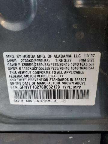 Photo 11 VIN: 5FNYF18278B032129 - HONDA PILOT 