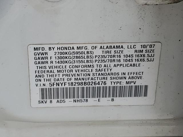 Photo 12 VIN: 5FNYF18298B026476 - HONDA PILOT VP 