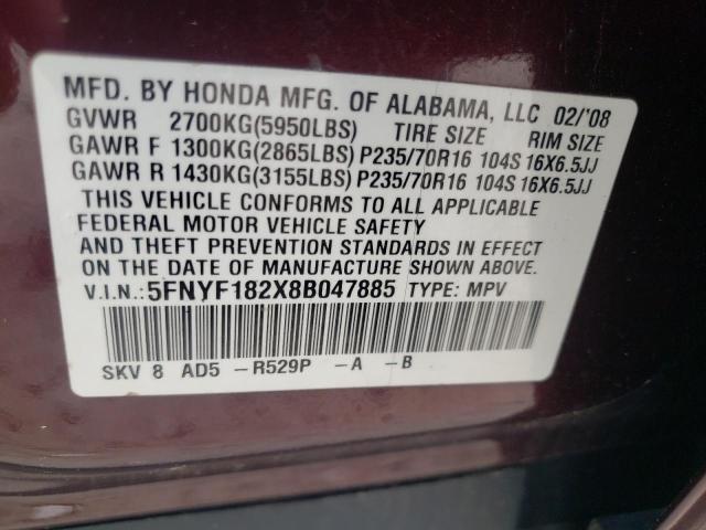 Photo 9 VIN: 5FNYF182X8B047885 - HONDA PILOT VP 