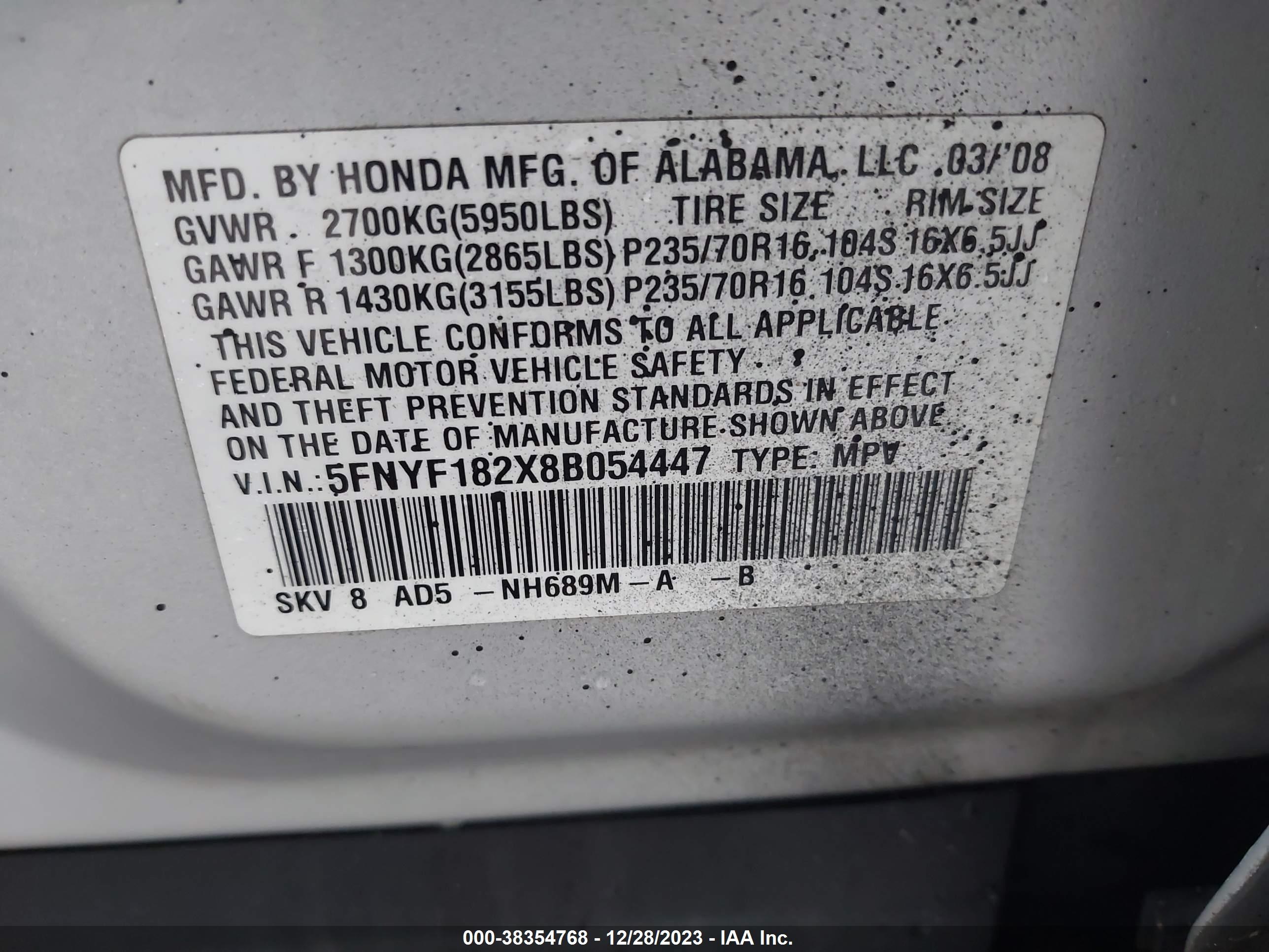 Photo 8 VIN: 5FNYF182X8B054447 - HONDA PILOT 