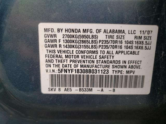 Photo 12 VIN: 5FNYF18308B031123 - HONDA PILOT SE 