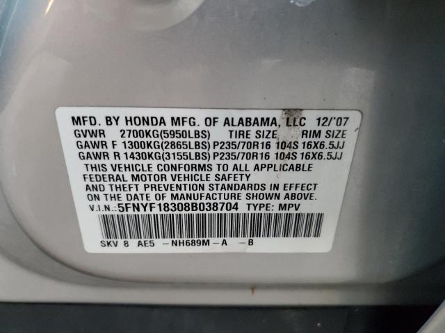 Photo 12 VIN: 5FNYF18308B038704 - HONDA PILOT SE 