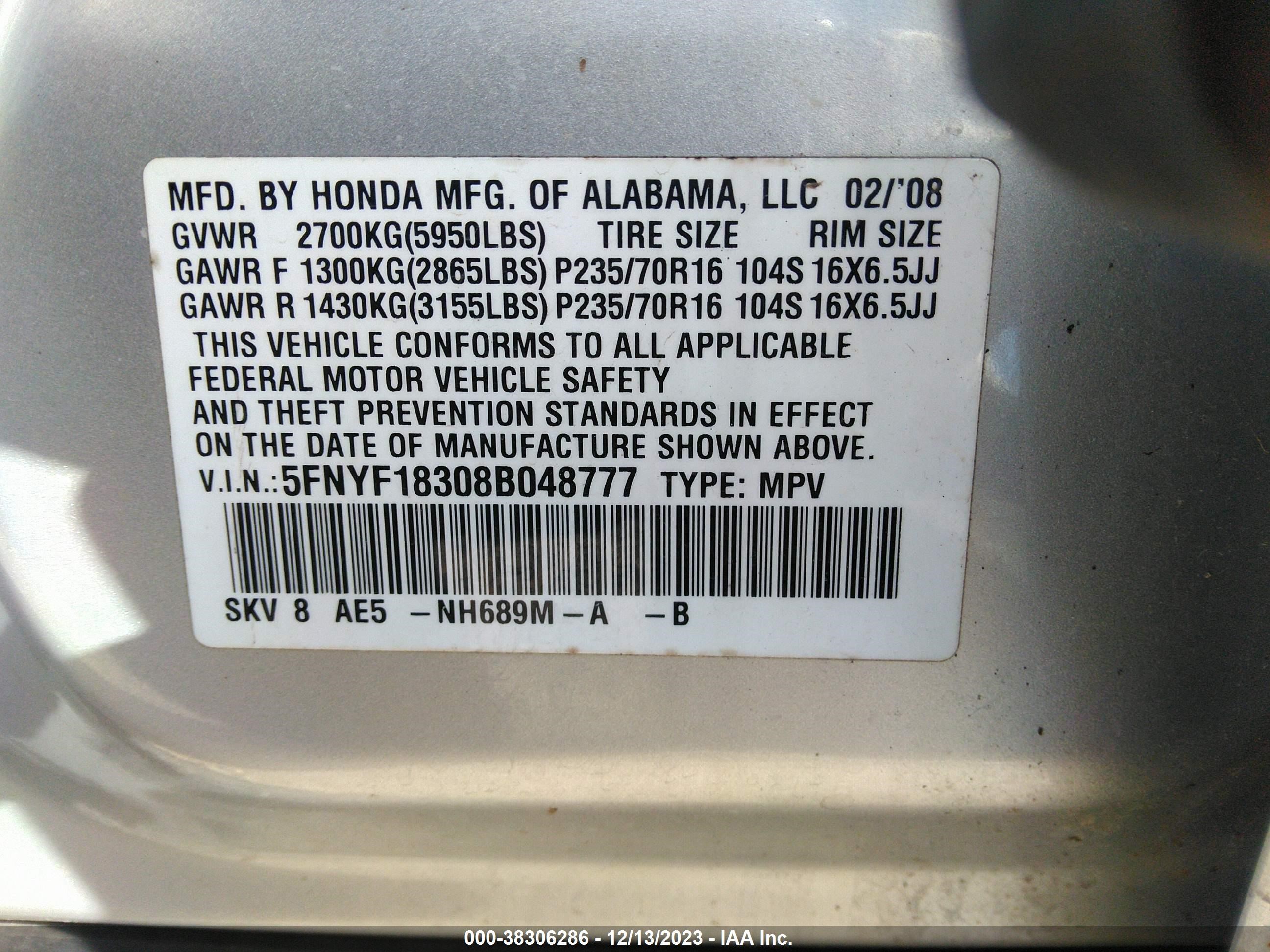 Photo 8 VIN: 5FNYF18308B048777 - HONDA PILOT 