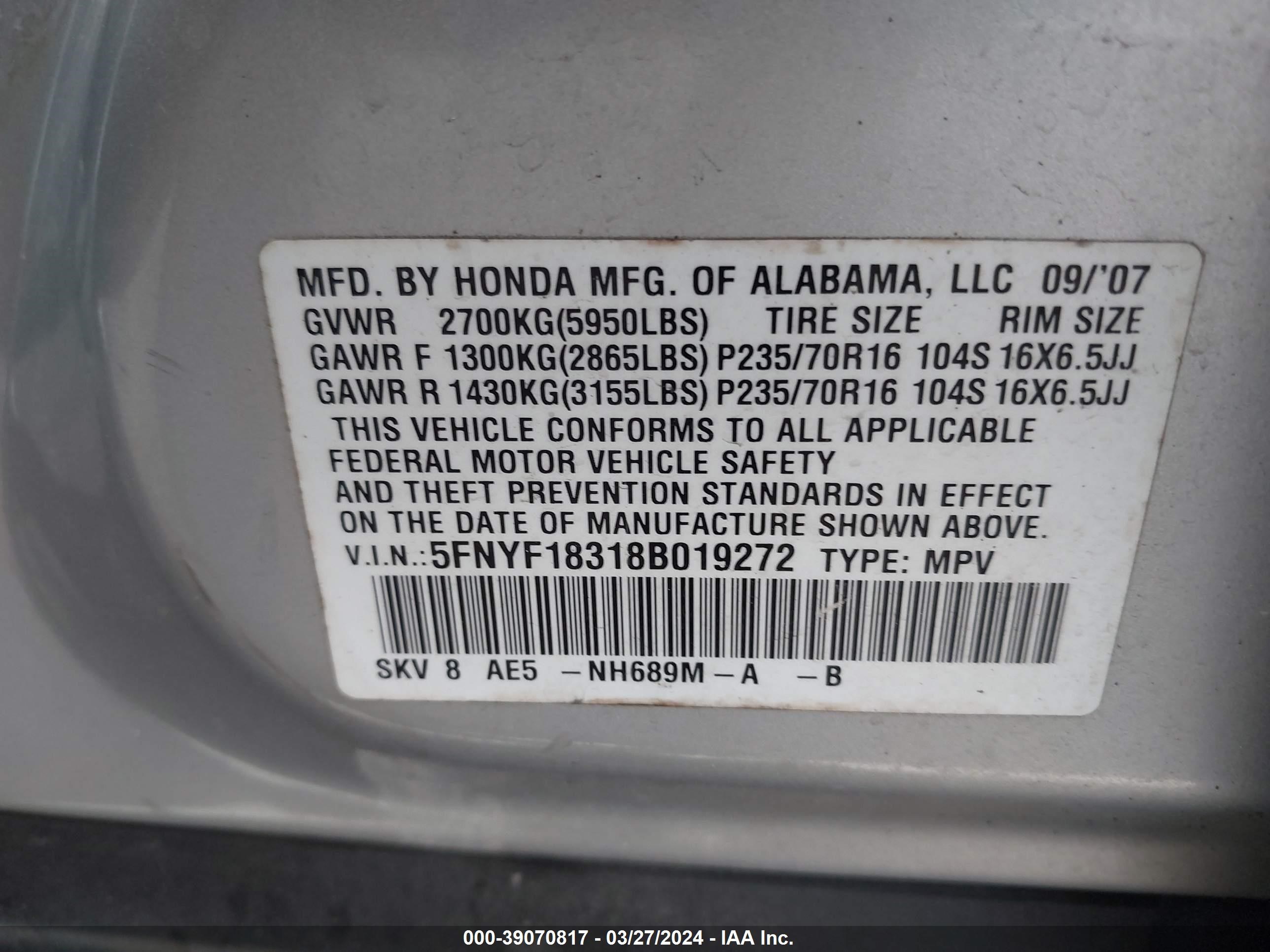 Photo 8 VIN: 5FNYF18318B019272 - HONDA PILOT 