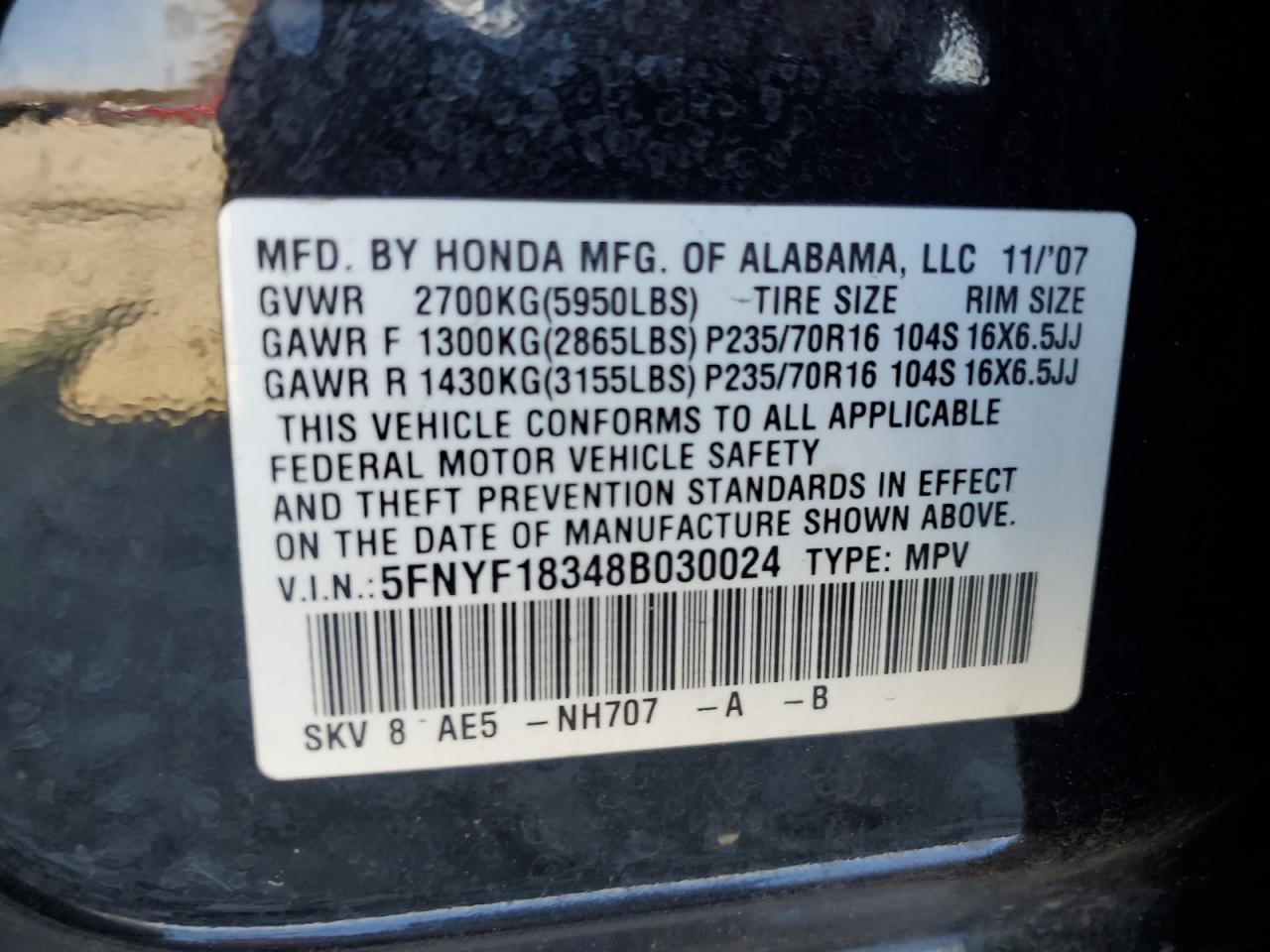 Photo 12 VIN: 5FNYF18348B030024 - HONDA PILOT 