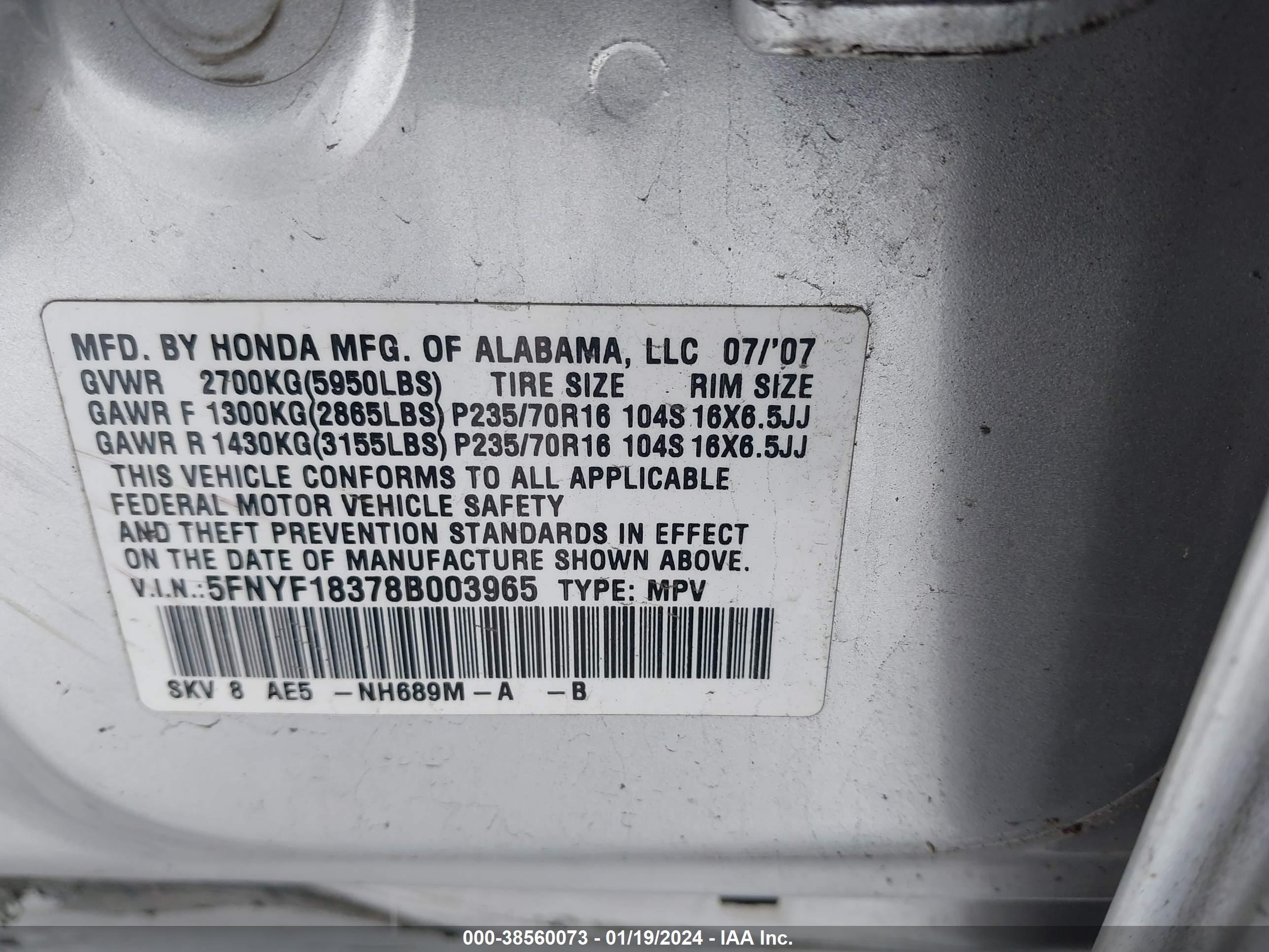 Photo 8 VIN: 5FNYF18378B003965 - HONDA PILOT 