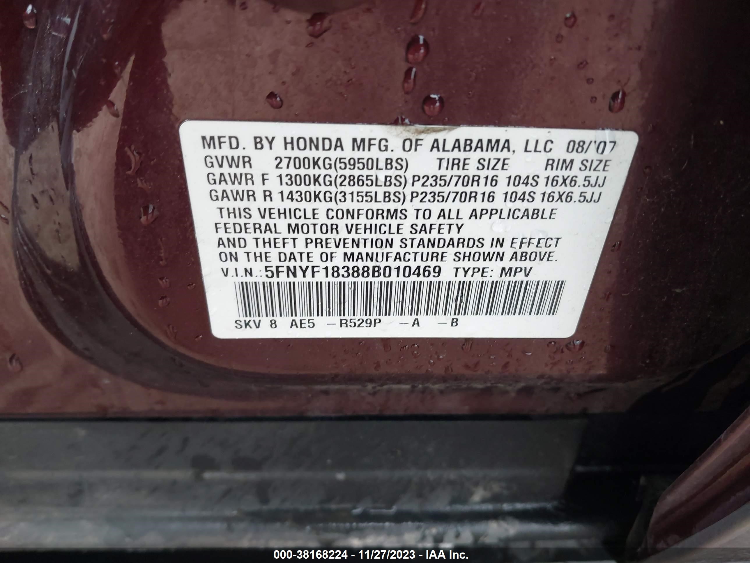 Photo 8 VIN: 5FNYF18388B010469 - HONDA PILOT 