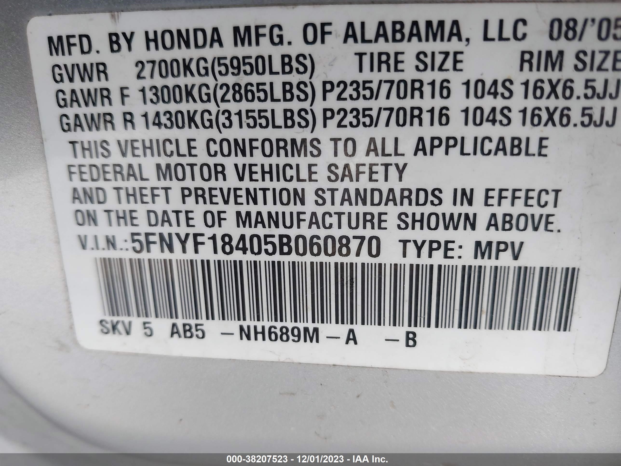 Photo 8 VIN: 5FNYF18405B060870 - HONDA PILOT 