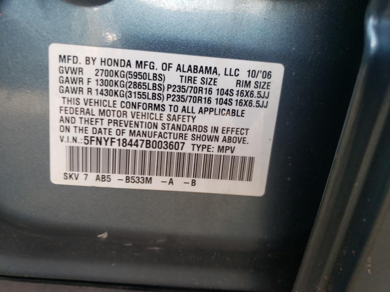 Photo 11 VIN: 5FNYF18447B003607 - HONDA PILOT 