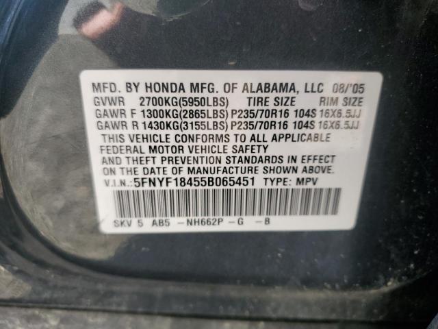 Photo 12 VIN: 5FNYF18455B065451 - HONDA PILOT EX 