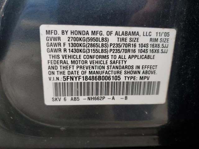 Photo 11 VIN: 5FNYF18486B006105 - HONDA PILOT EX 