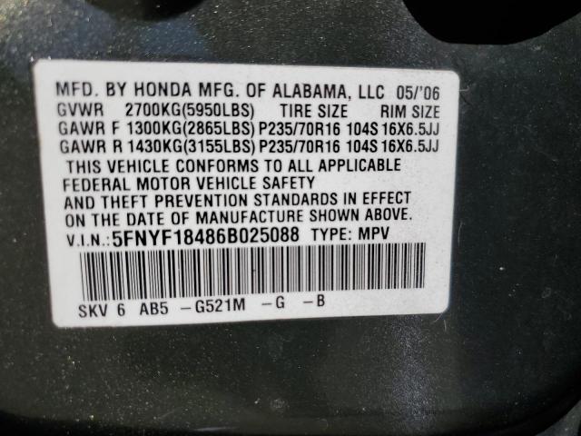 Photo 12 VIN: 5FNYF18486B025088 - HONDA PILOT EX 