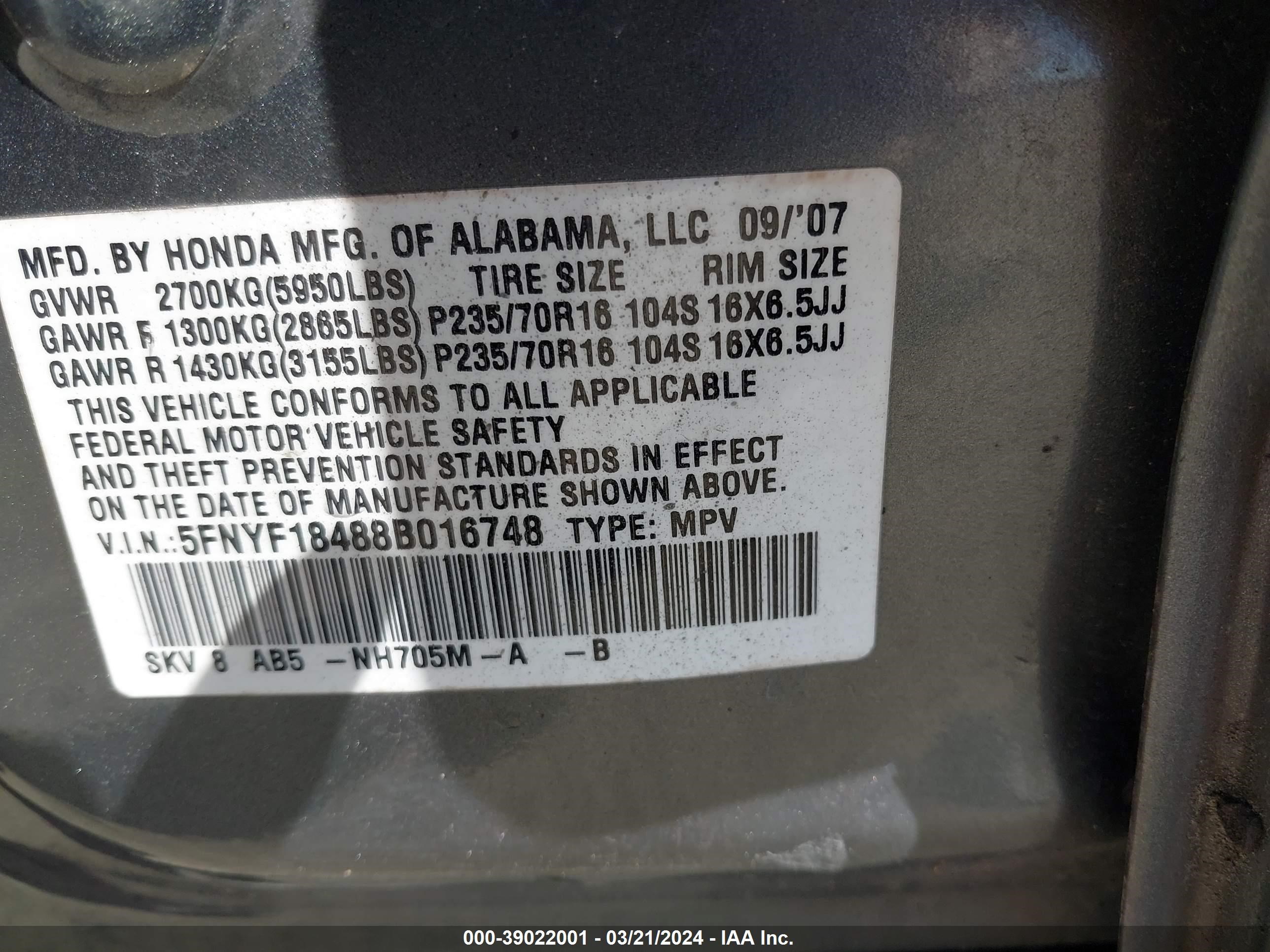 Photo 8 VIN: 5FNYF18488B016748 - HONDA PILOT 