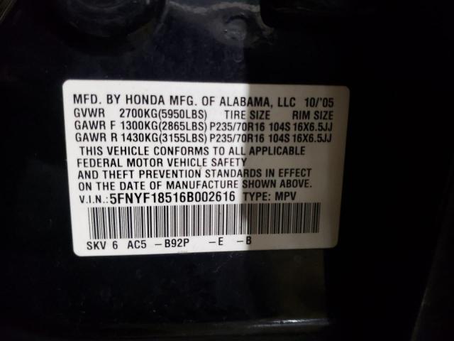 Photo 9 VIN: 5FNYF18516B002616 - HONDA PILOT EX 