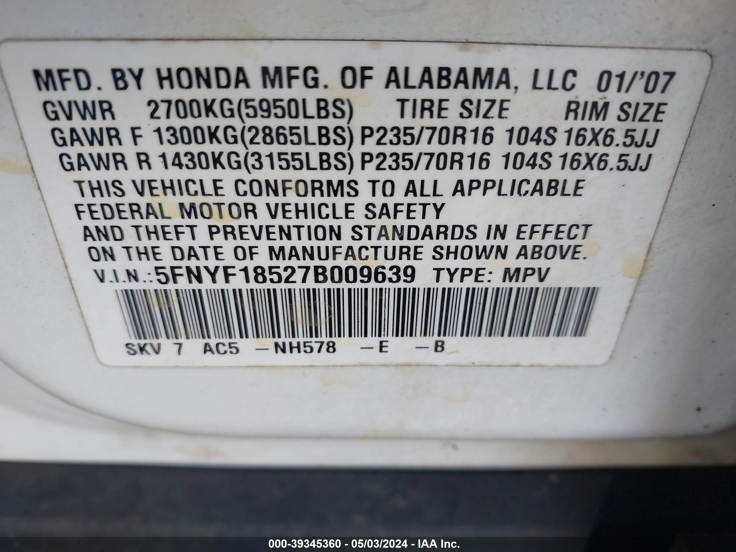 Photo 8 VIN: 5FNYF18527B009639 - HONDA PILOT 