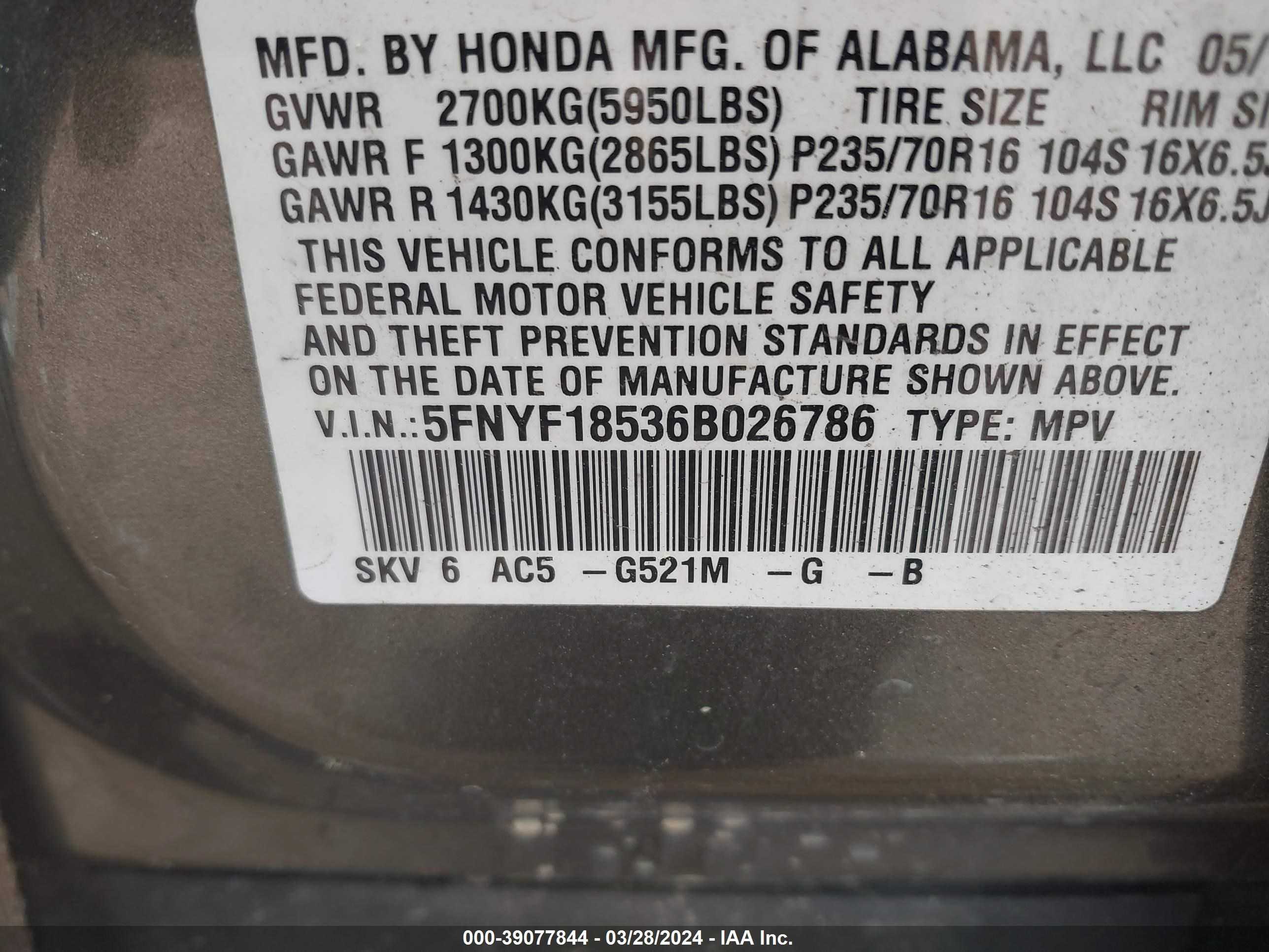 Photo 8 VIN: 5FNYF18536B026786 - HONDA PILOT 