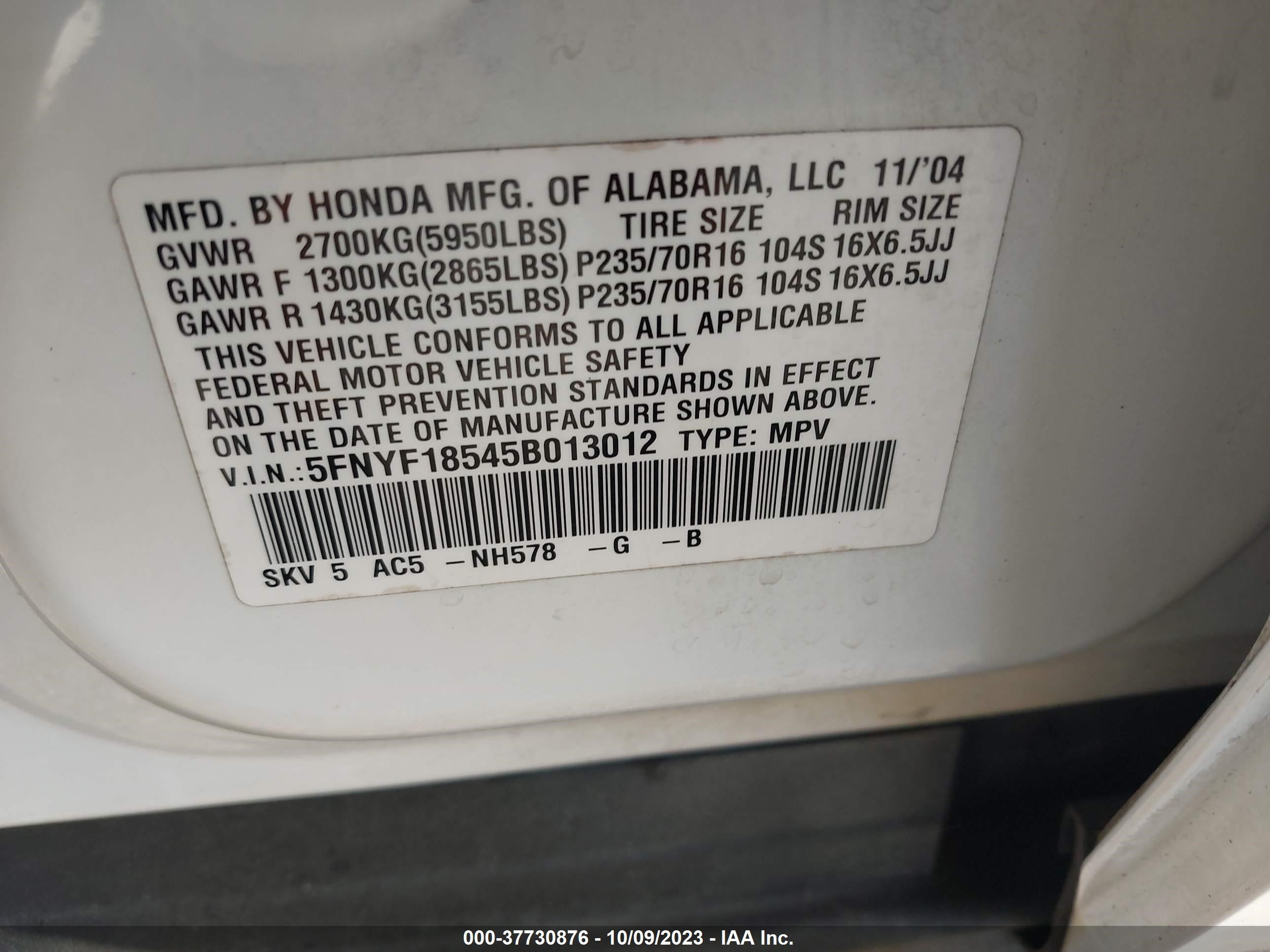 Photo 8 VIN: 5FNYF18545B013012 - HONDA PILOT 