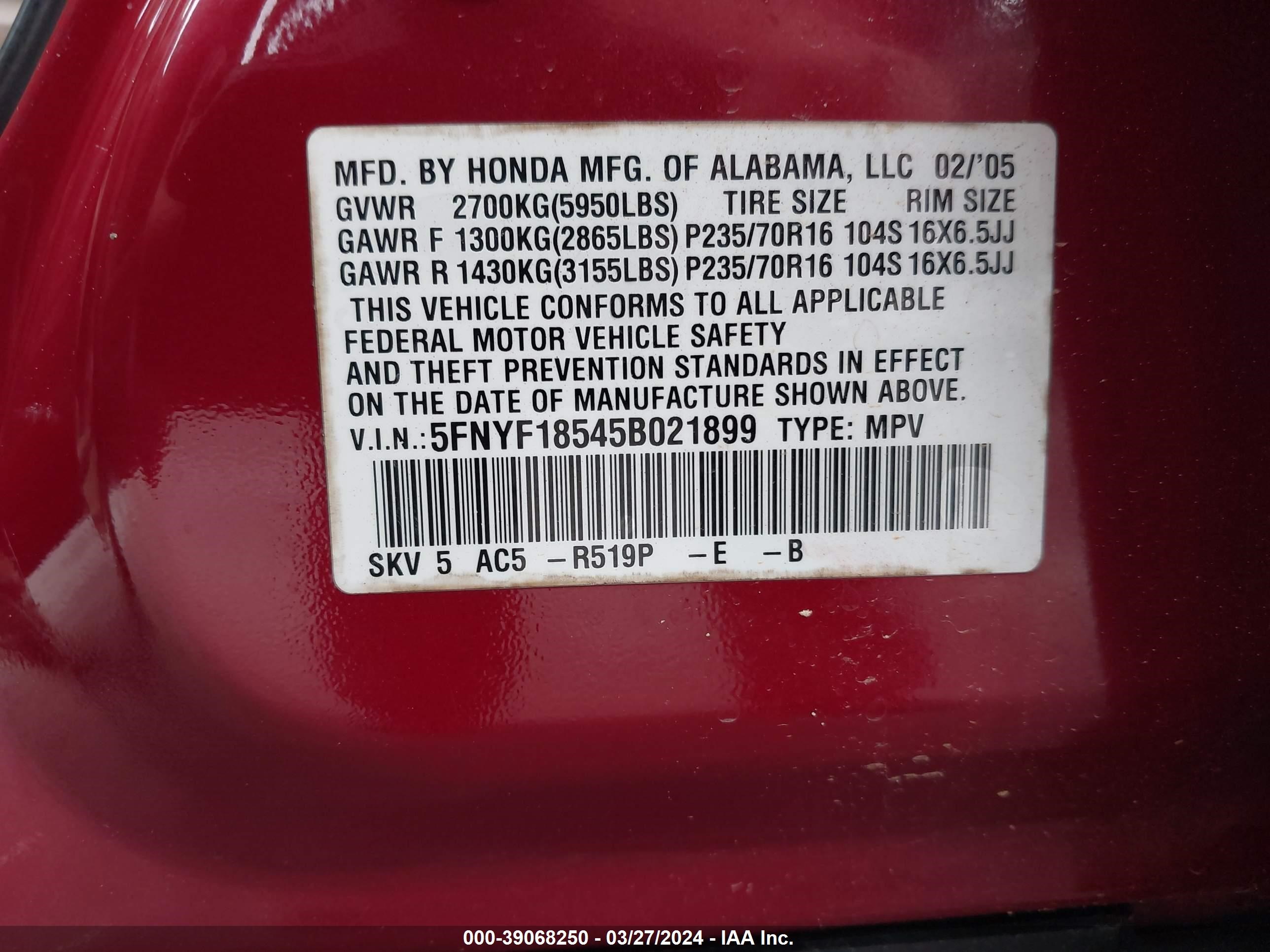 Photo 8 VIN: 5FNYF18545B021899 - HONDA PILOT 