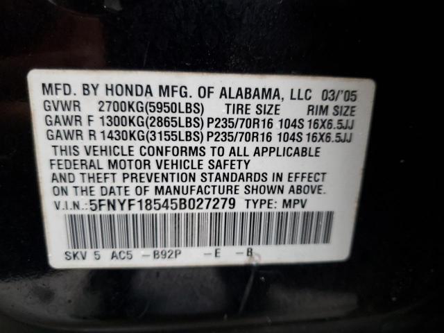 Photo 12 VIN: 5FNYF18545B027279 - HONDA PILOT EXL 