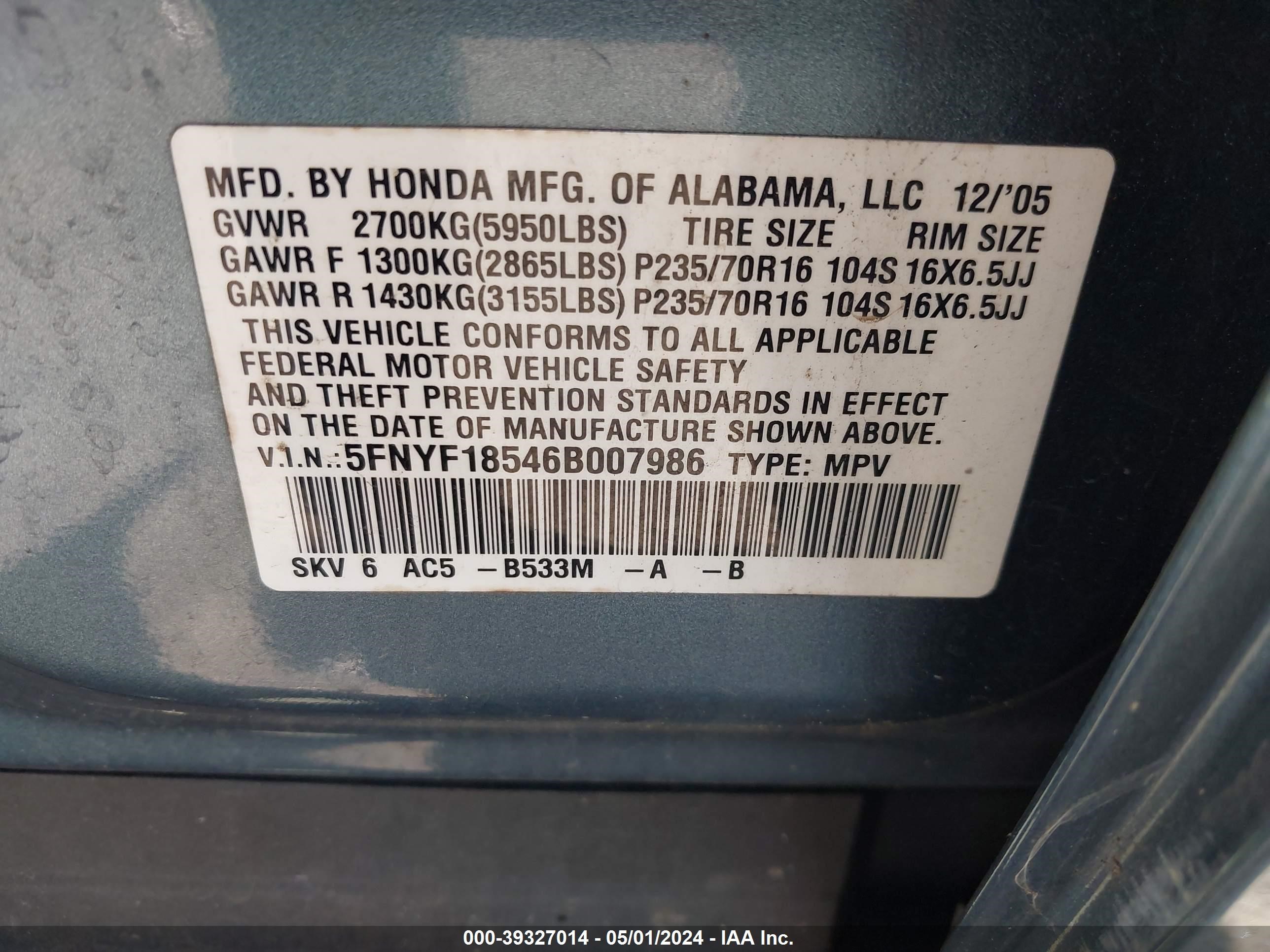 Photo 8 VIN: 5FNYF18546B007986 - HONDA PILOT 