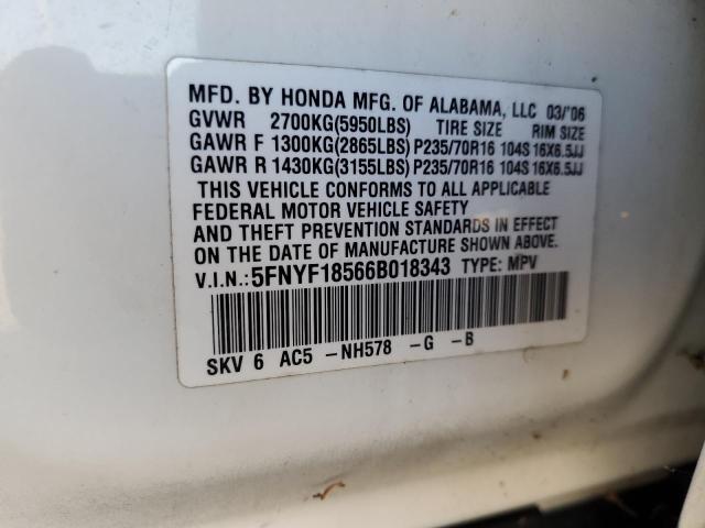 Photo 12 VIN: 5FNYF18566B018343 - HONDA PILOT EX 