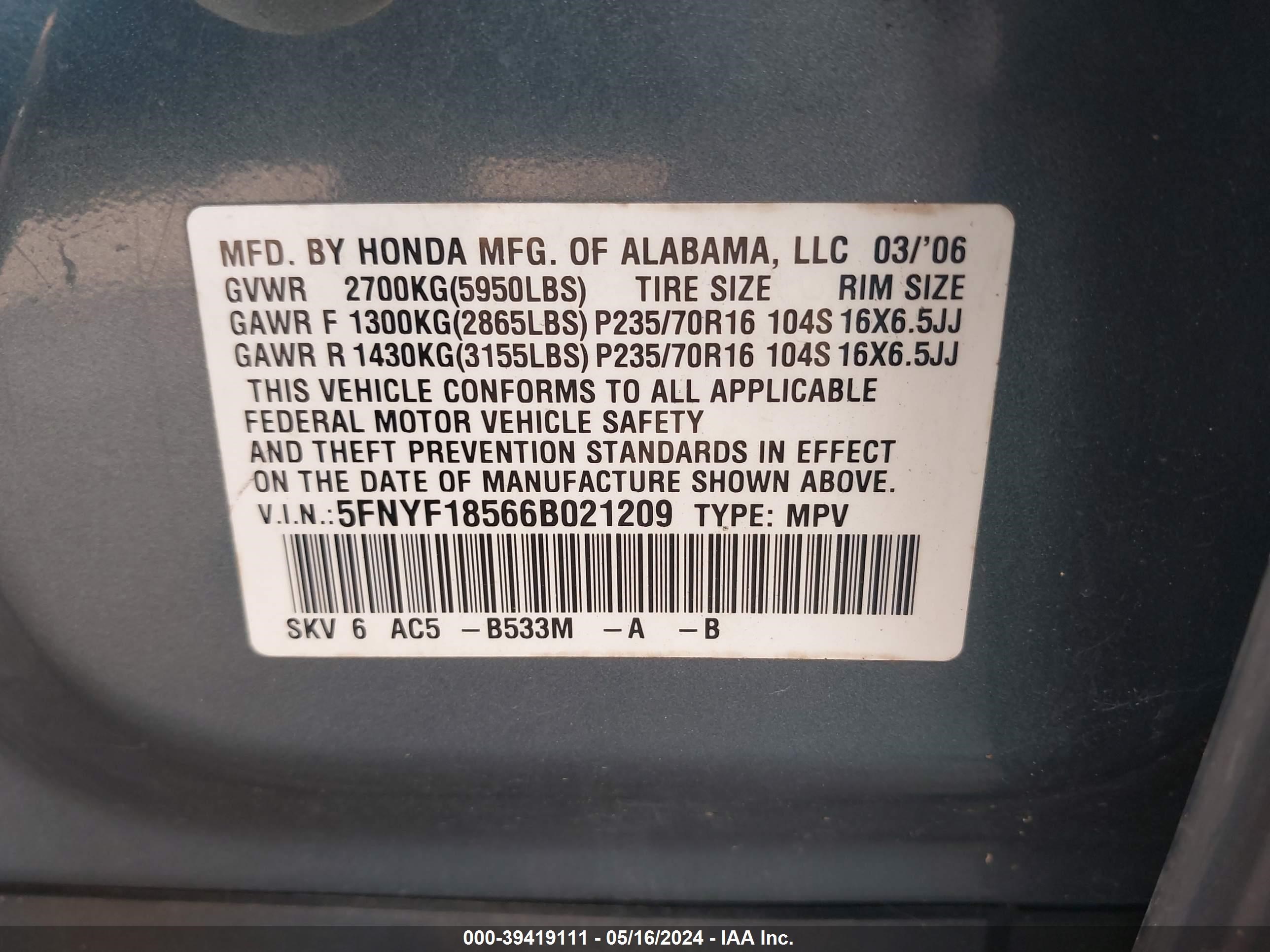 Photo 8 VIN: 5FNYF18566B021209 - HONDA PILOT 