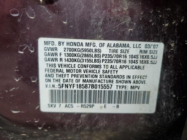 Photo 12 VIN: 5FNYF18587B015557 - HONDA PILOT EXL 