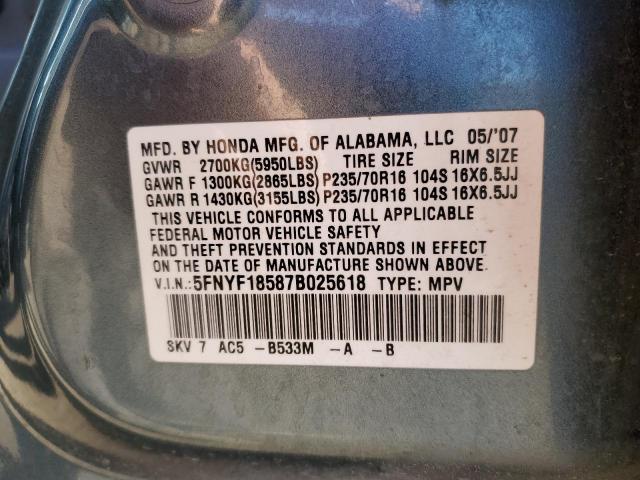 Photo 13 VIN: 5FNYF18587B025618 - HONDA PILOT EXL 