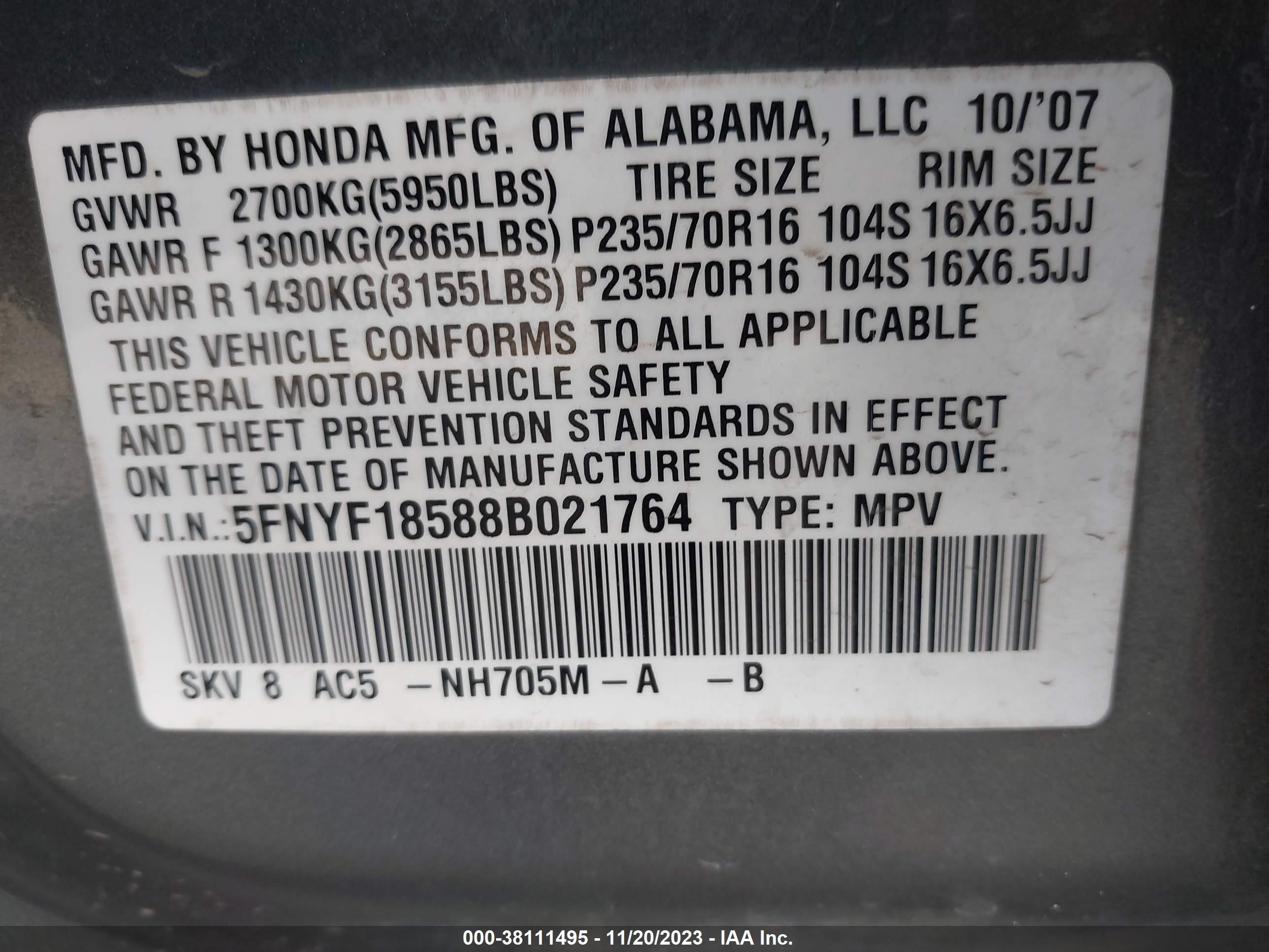 Photo 8 VIN: 5FNYF18588B021764 - HONDA PILOT 