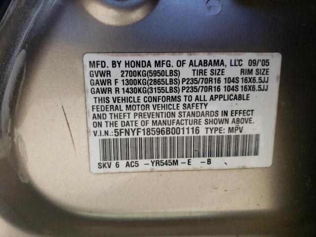 Photo 9 VIN: 5FNYF18596B001116 - HONDA PILOT EX 