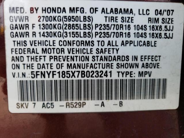 Photo 12 VIN: 5FNYF185X7B023241 - HONDA PILOT 