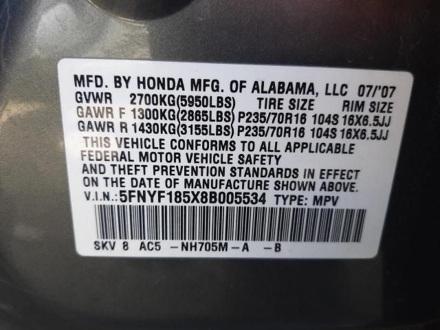 Photo 9 VIN: 5FNYF185X8B005534 - HONDA PILOT EXL 