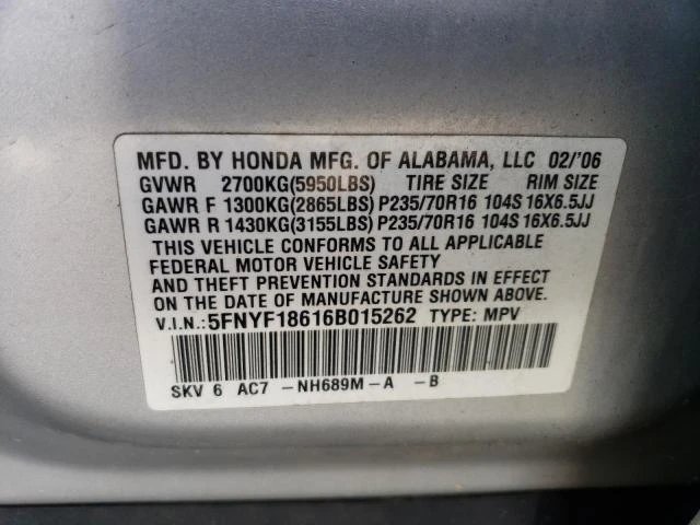 Photo 12 VIN: 5FNYF18616B015262 - HONDA PILOT EX 