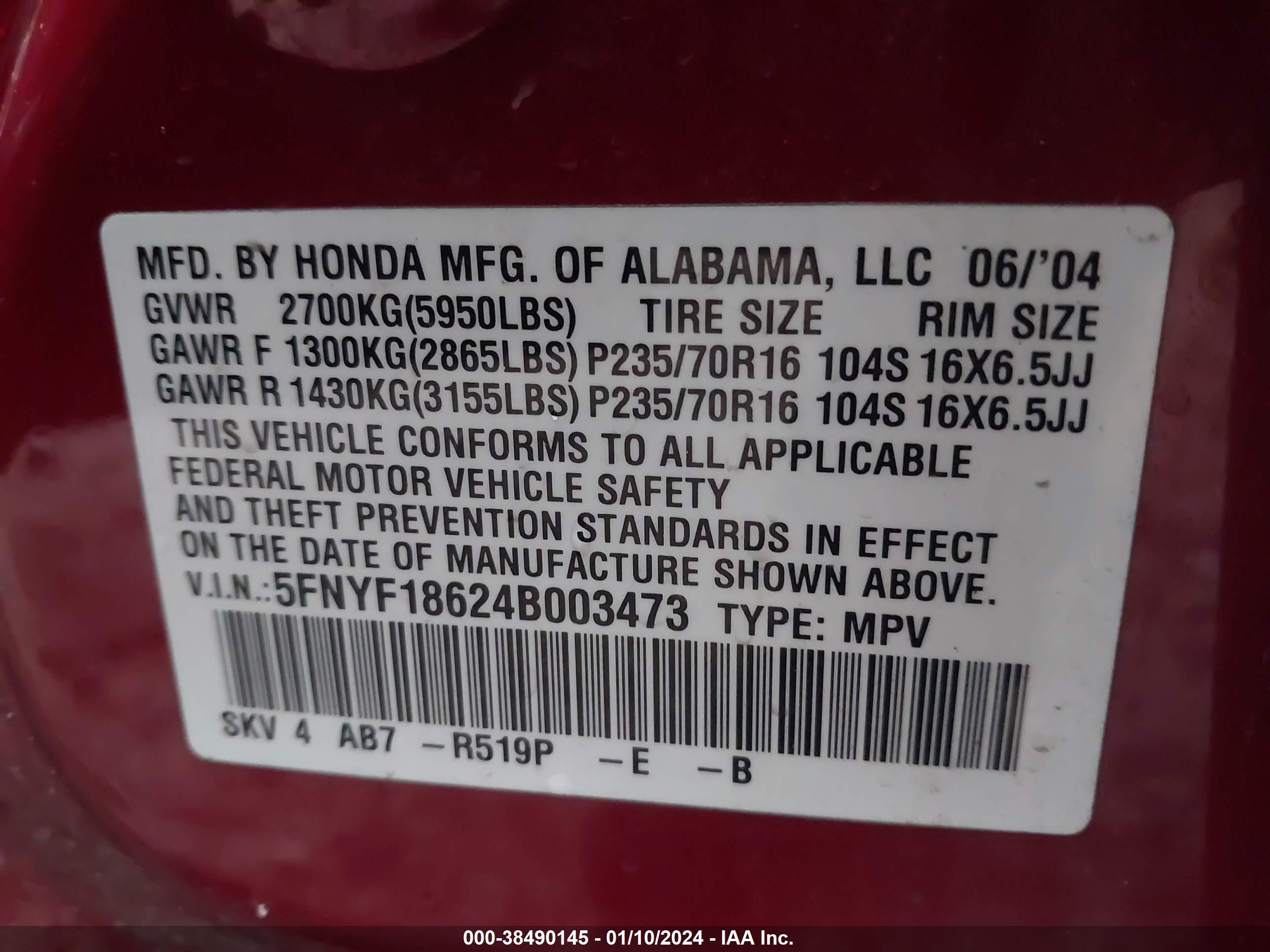 Photo 8 VIN: 5FNYF18624B003473 - HONDA PILOT 