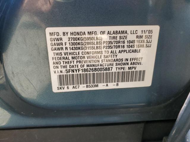 Photo 12 VIN: 5FNYF18626B005887 - HONDA PILOT EX 