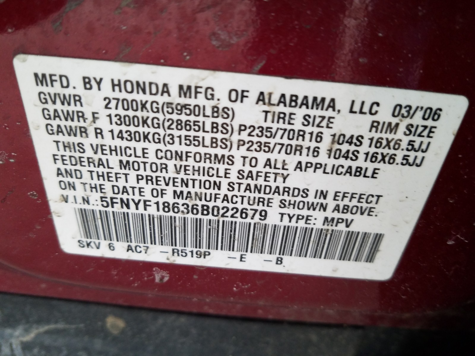 Photo 9 VIN: 5FNYF18636B022679 - HONDA PILOT EX 