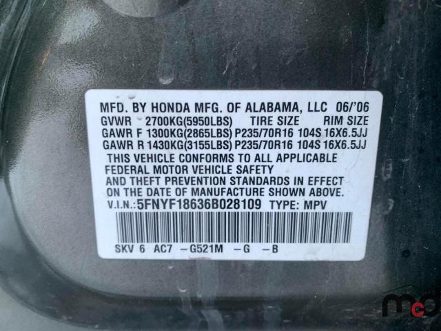 Photo 8 VIN: 5FNYF18636B028109 - HONDA PILOT 