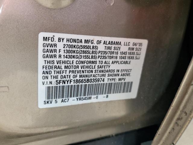 Photo 12 VIN: 5FNYF18665B035974 - HONDA PILOT 