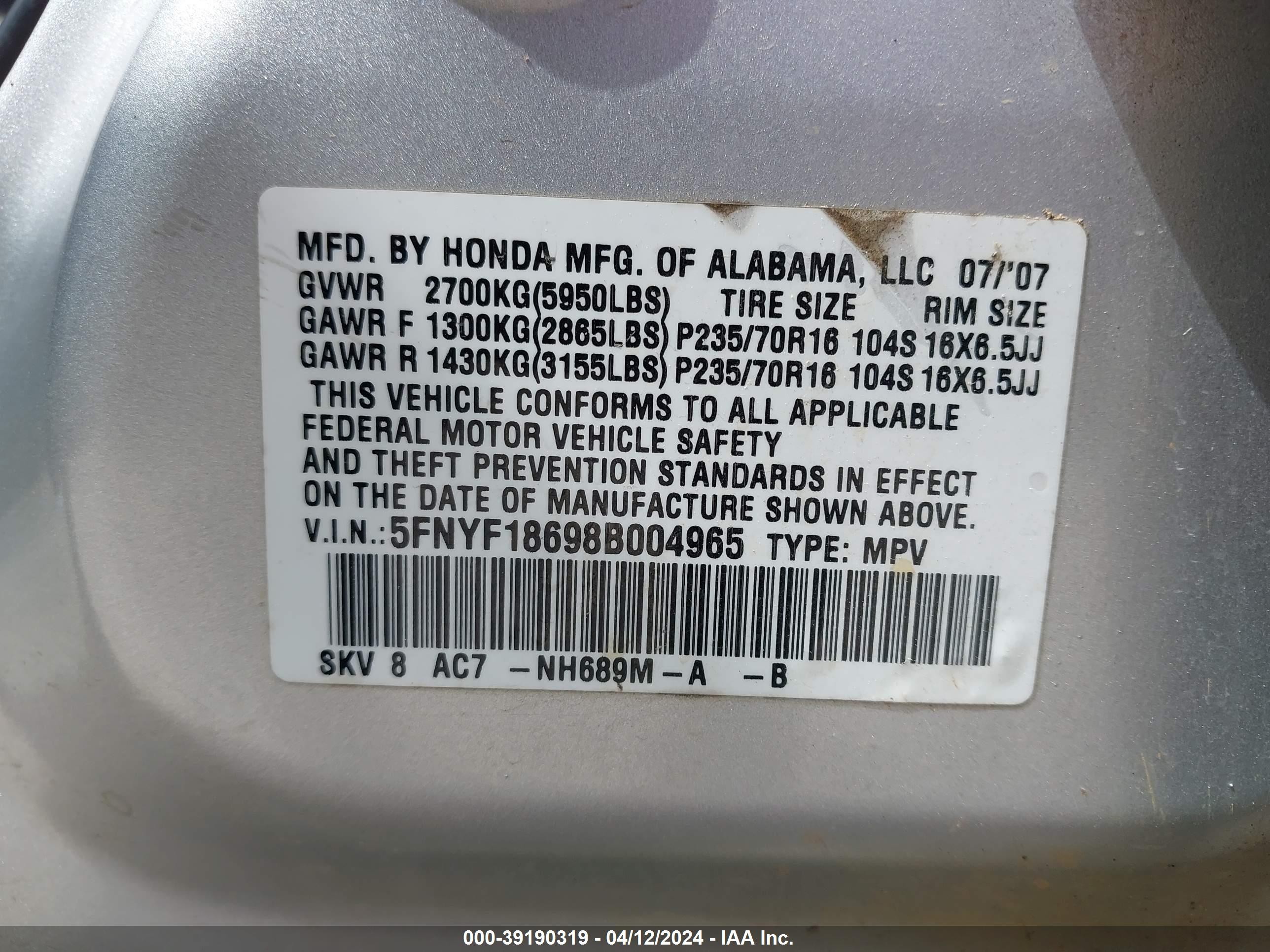 Photo 8 VIN: 5FNYF18698B004965 - HONDA PILOT 