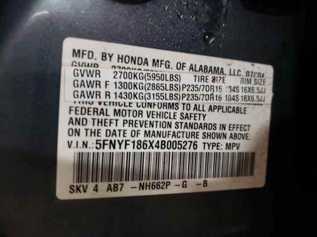 Photo 11 VIN: 5FNYF186X4B005276 - HONDA PILOT EXL 