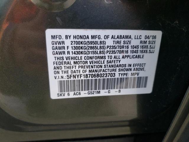 Photo 12 VIN: 5FNYF18706B023703 - HONDA PILOT 