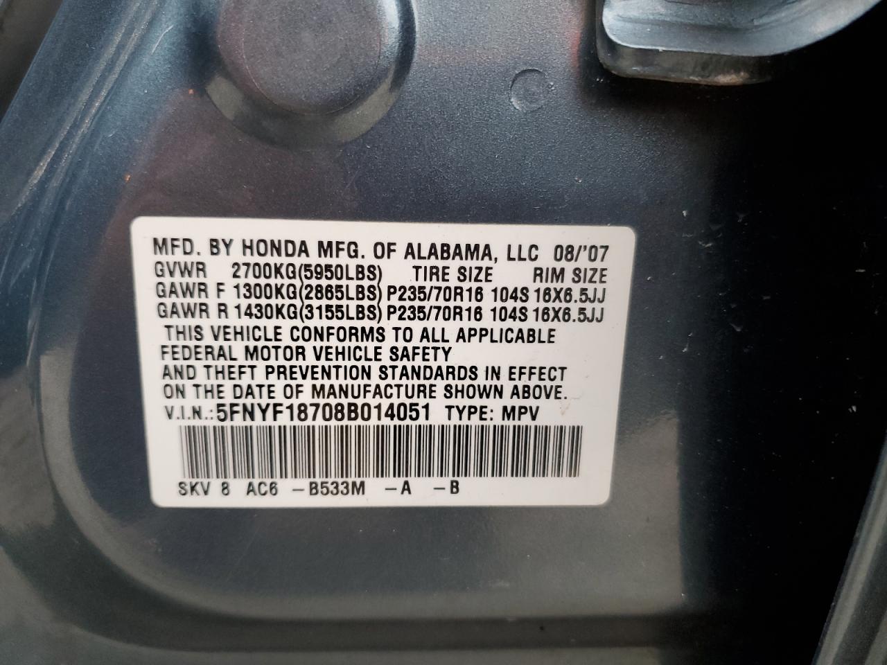 Photo 11 VIN: 5FNYF18708B014051 - HONDA PILOT 