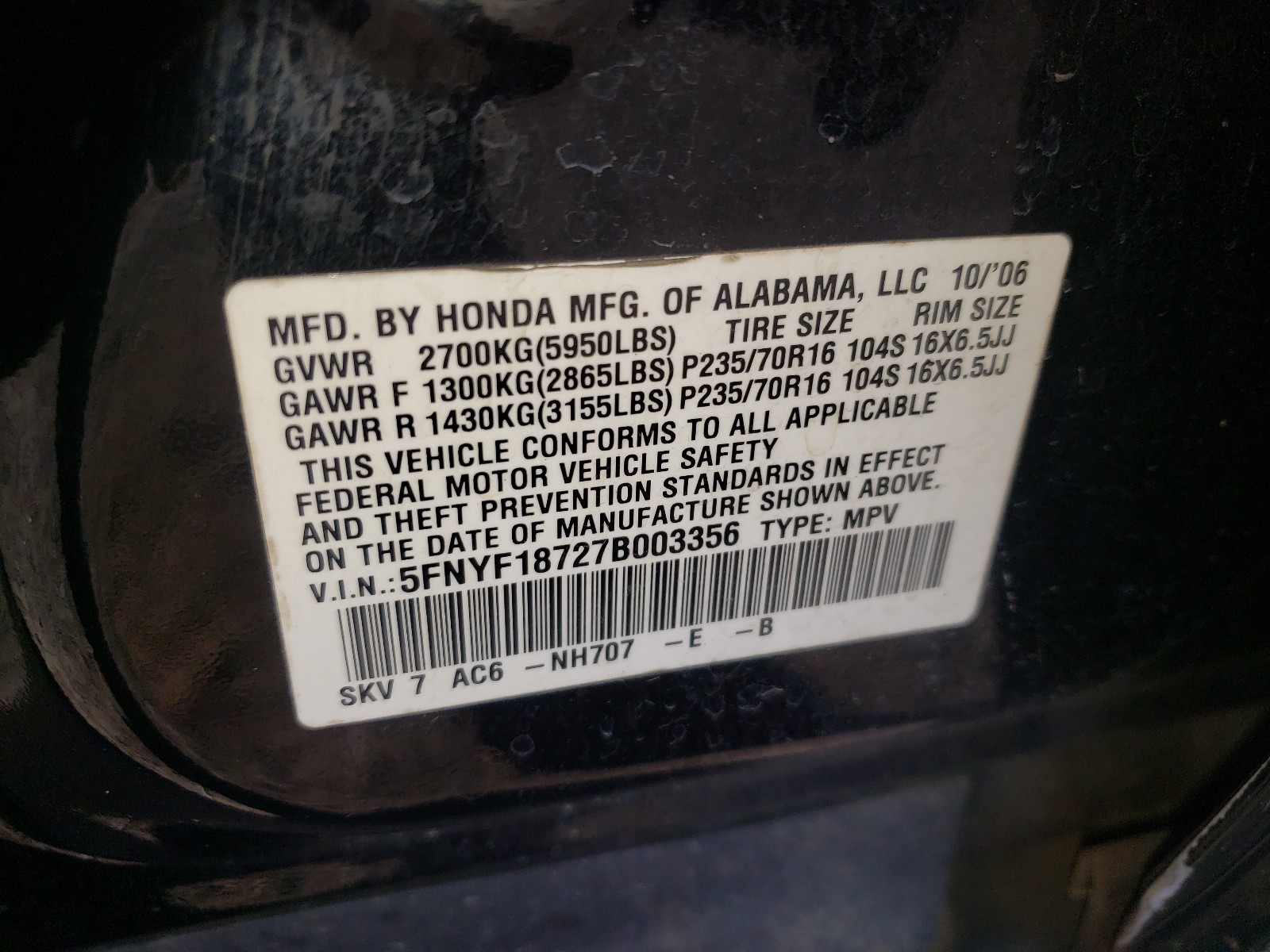 Photo 9 VIN: 5FNYF18727B003356 - HONDA PILOT EXL 