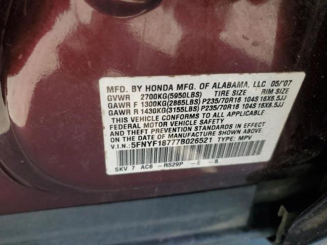 Photo 12 VIN: 5FNYF18777B026521 - HONDA PILOT 